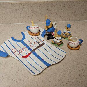 Vintage 90s Miniature Resin Tea Set - Baseball Teddy Bear